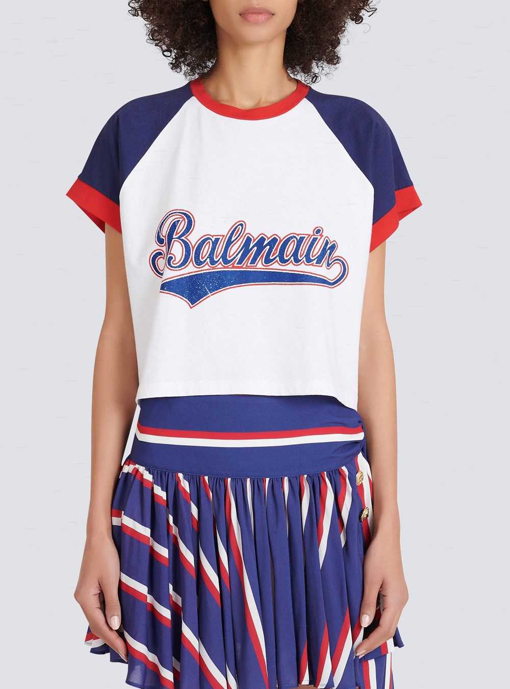 Balmain High Summer Capsule - Cropped Cotton T-shirt With Balmain Logo Print White | OCFBWZA-12