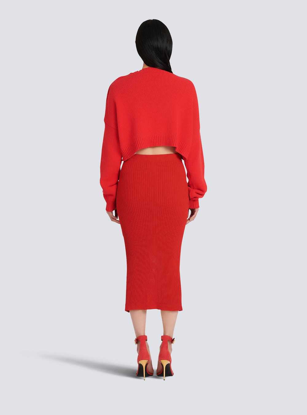 Balmain High Summer Capsule - Cropped Knit Sweater With Balmain Logo Print Red | ALHWNGC-26