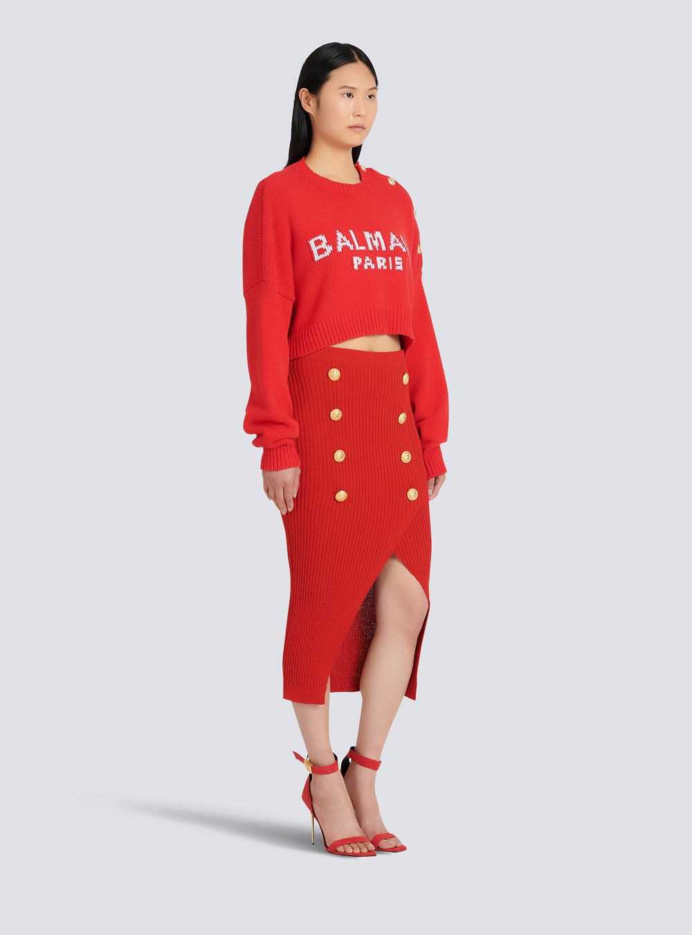 Balmain High Summer Capsule - Cropped Knit Sweater With Balmain Logo Print Red | ALHWNGC-26