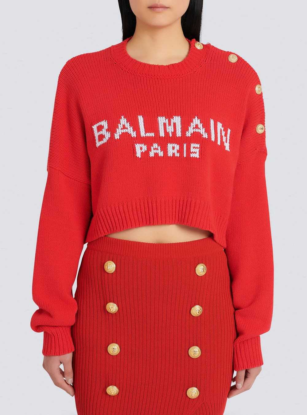 Balmain High Summer Capsule - Cropped Knit Sweater With Balmain Logo Print Red | ALHWNGC-26