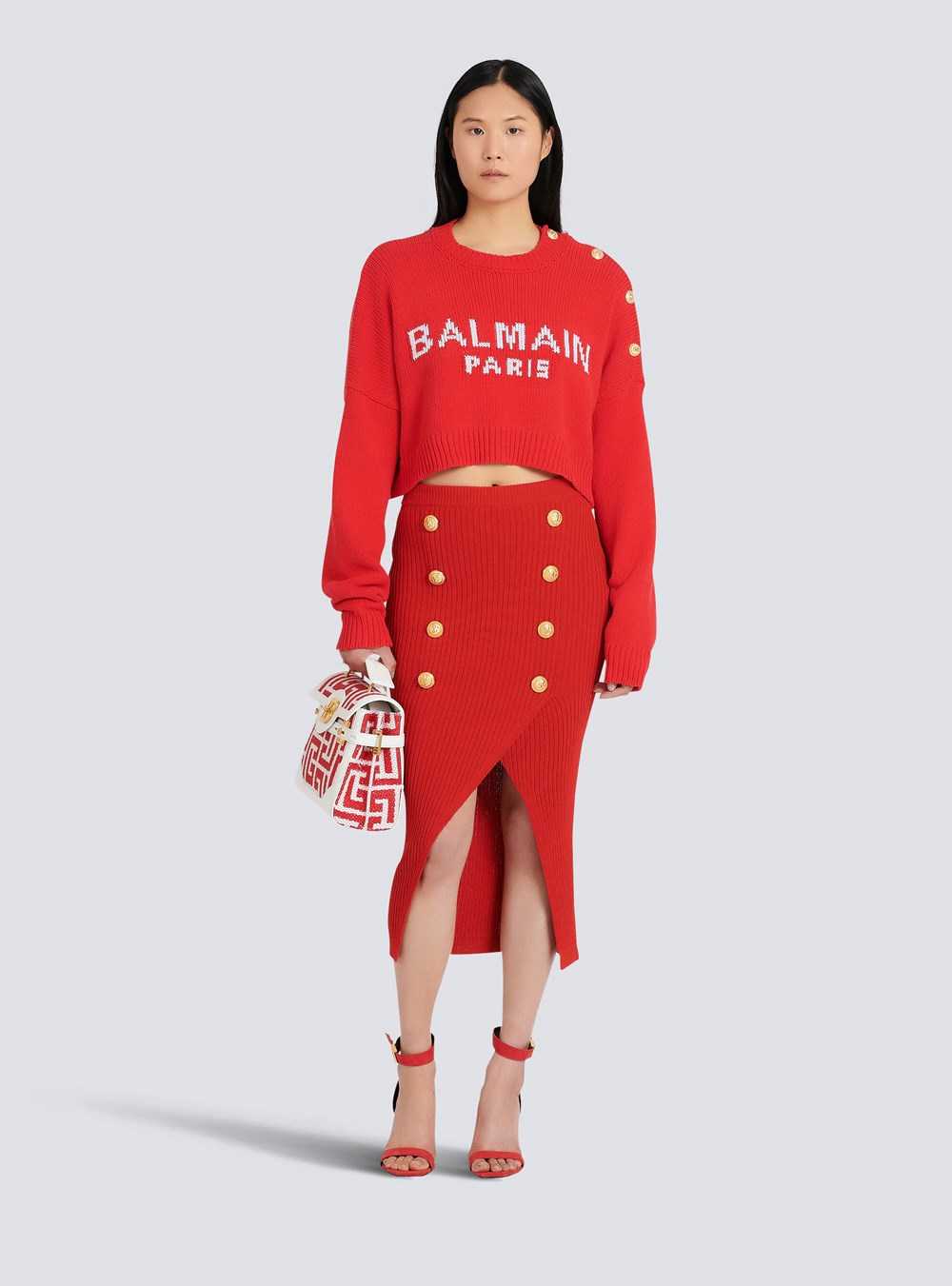 Balmain High Summer Capsule - Cropped Knit Sweater With Balmain Logo Print Red | ALHWNGC-26