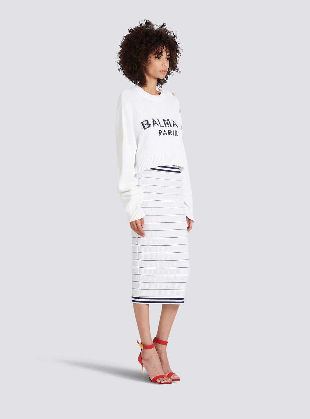 Balmain High Summer Capsule - Cropped Knit Sweater With Balmain Logo Print White | BJMYAKH-39