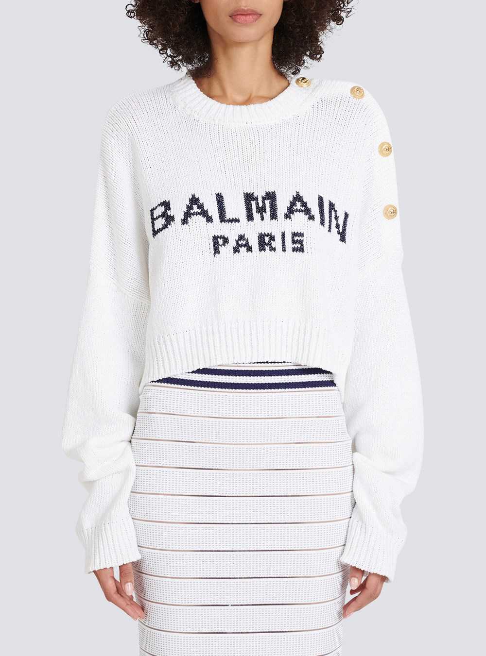 Balmain High Summer Capsule - Cropped Knit Sweater With Balmain Logo Print White | BJMYAKH-39