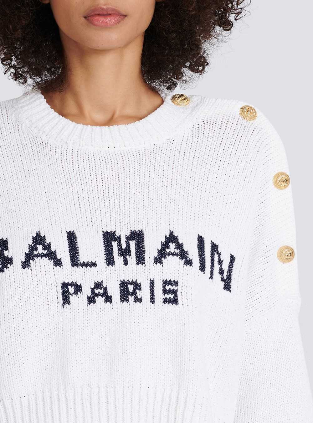 Balmain High Summer Capsule - Cropped Knit Sweater With Balmain Logo Print White | BJMYAKH-39