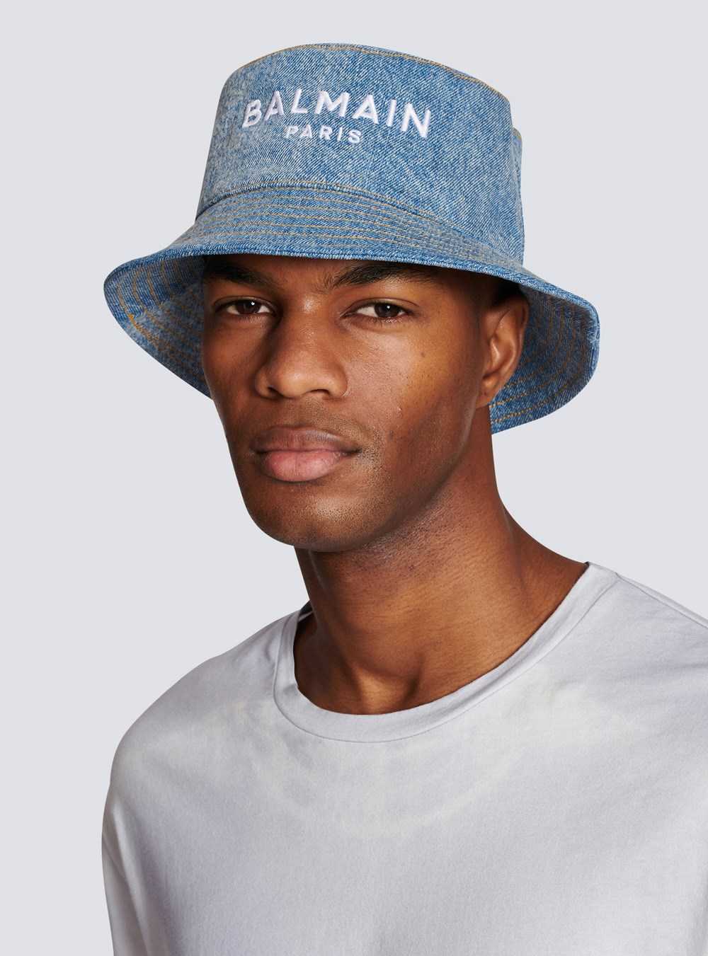 Balmain High Summer Capsule - Denim Jean Bucket Hat With Balmain Logo Blue | XYVIGQP-09