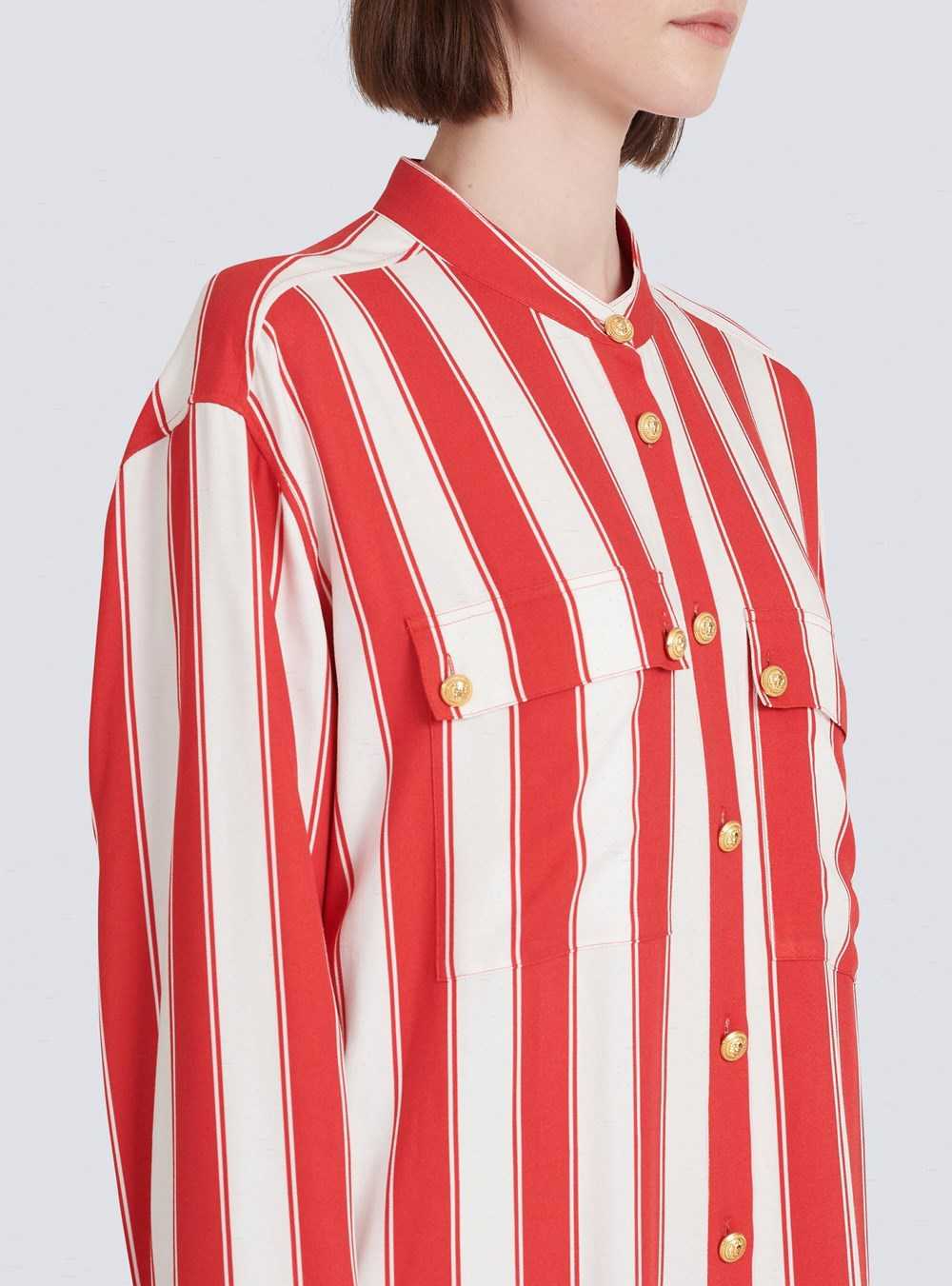 Balmain High Summer Capsule - Long Striped Cotton Shirt Red | ZPRMLWV-64