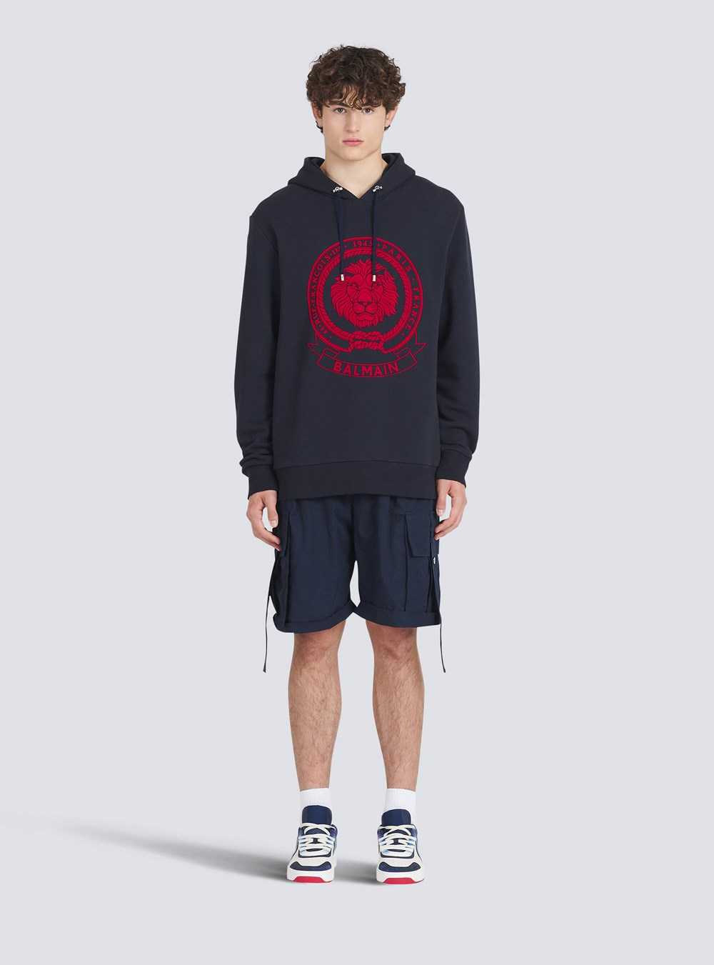 Balmain High Summer Capsule -cotton Sweatshirt With Flocked Balmain Logo Navy | VJBKALR-29