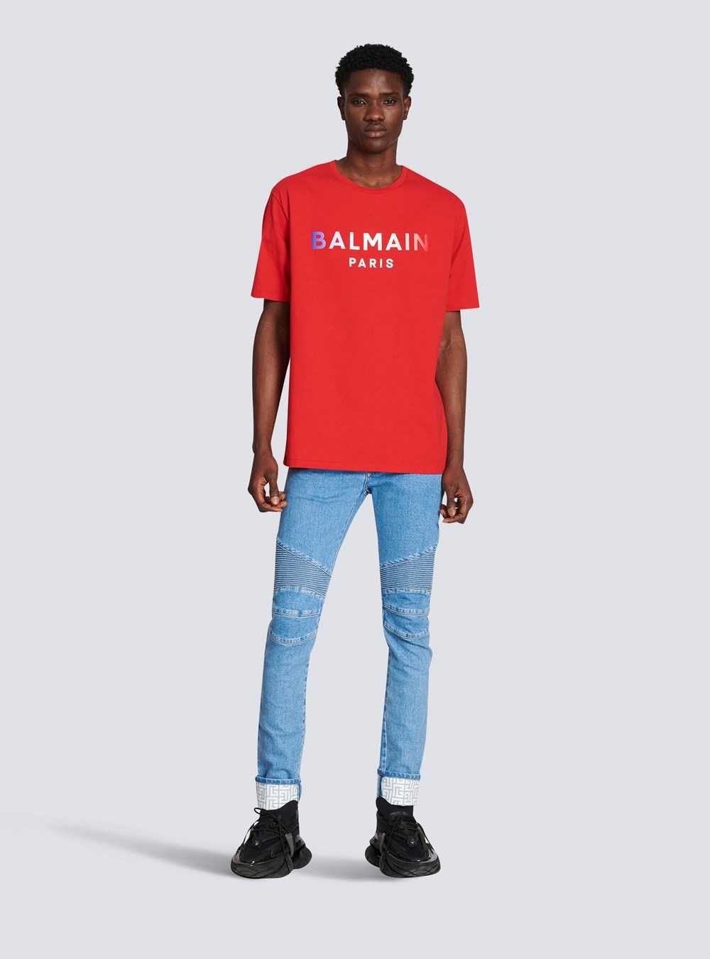 Balmain High Summer Capsule -cotton T-shirt With Balmain Paris Tie-dye Logo Print Red | SBNJGCA-78