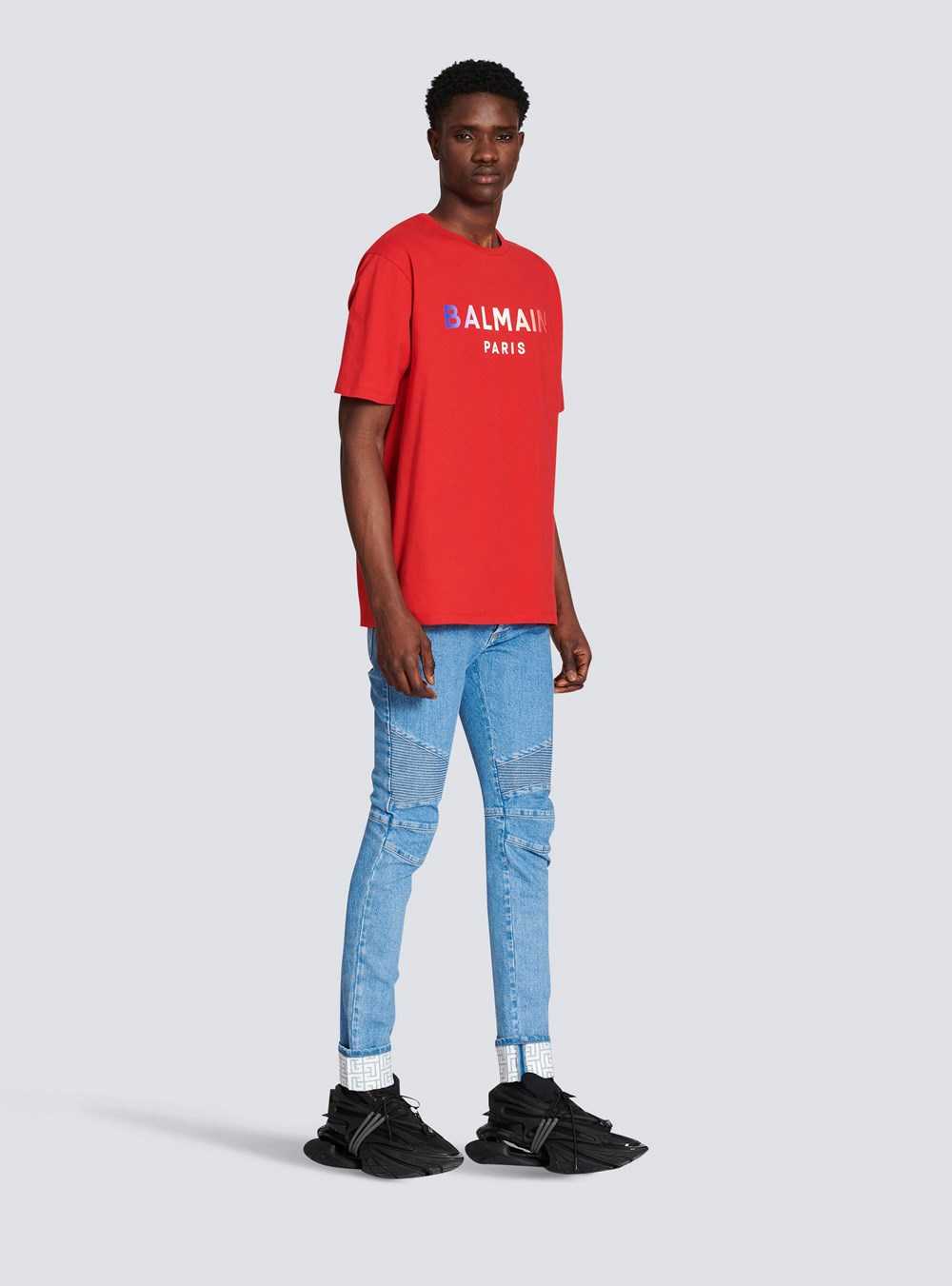 Balmain High Summer Capsule -cotton T-shirt With Balmain Paris Tie-dye Logo Print Red | SBNJGCA-78