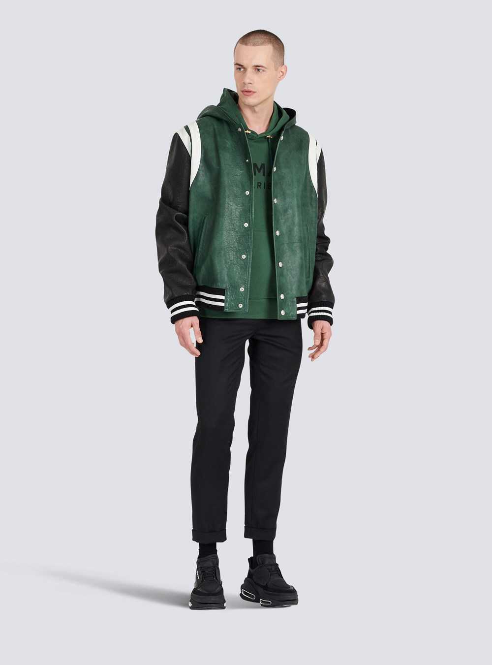 Balmain Hooded Cotton Sweatshirt With Balmain Paris Logo Print Green | DPMLEKJ-19