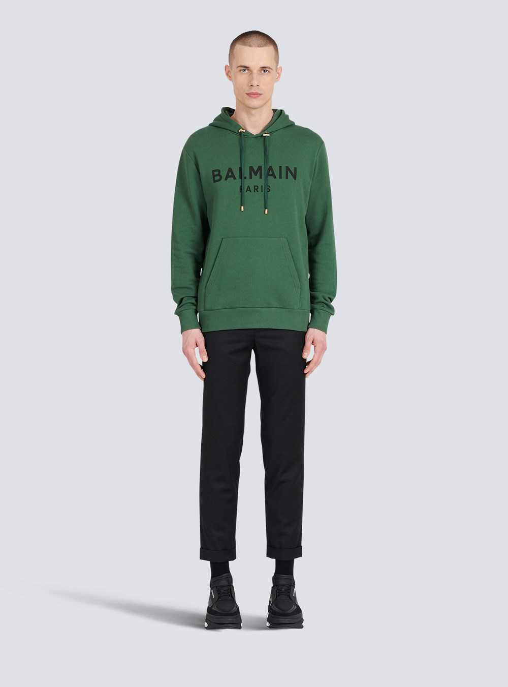 Balmain Hooded Cotton Sweatshirt With Balmain Paris Logo Print Green | DPMLEKJ-19