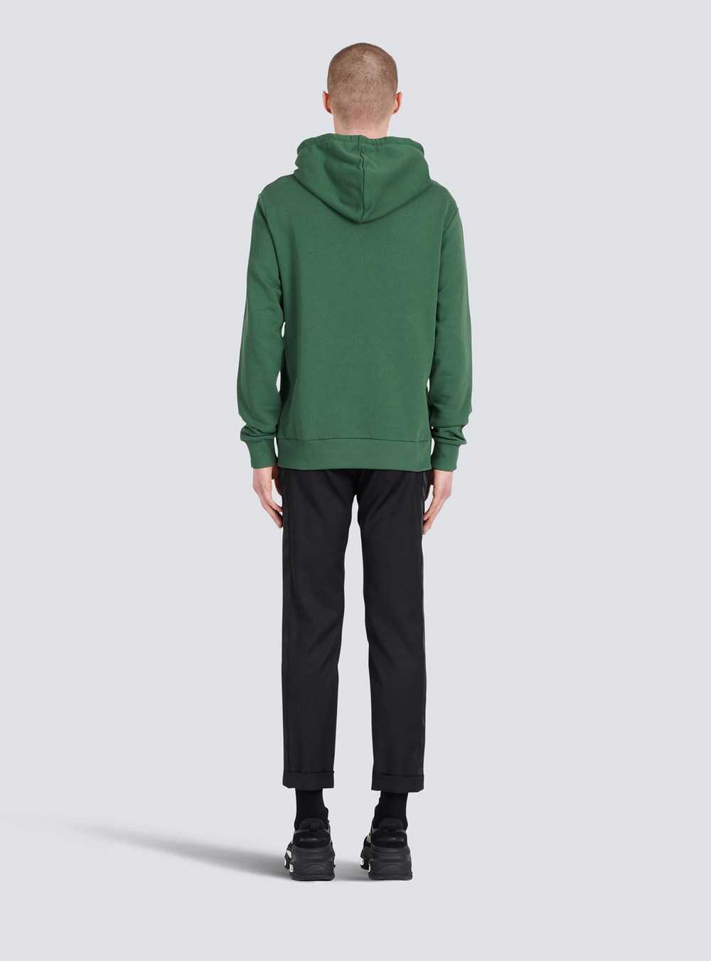 Balmain Hooded Cotton Sweatshirt With Balmain Paris Logo Print Green | DPMLEKJ-19