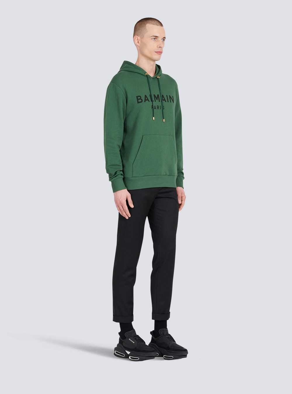 Balmain Hooded Cotton Sweatshirt With Balmain Paris Logo Print Green | DPMLEKJ-19