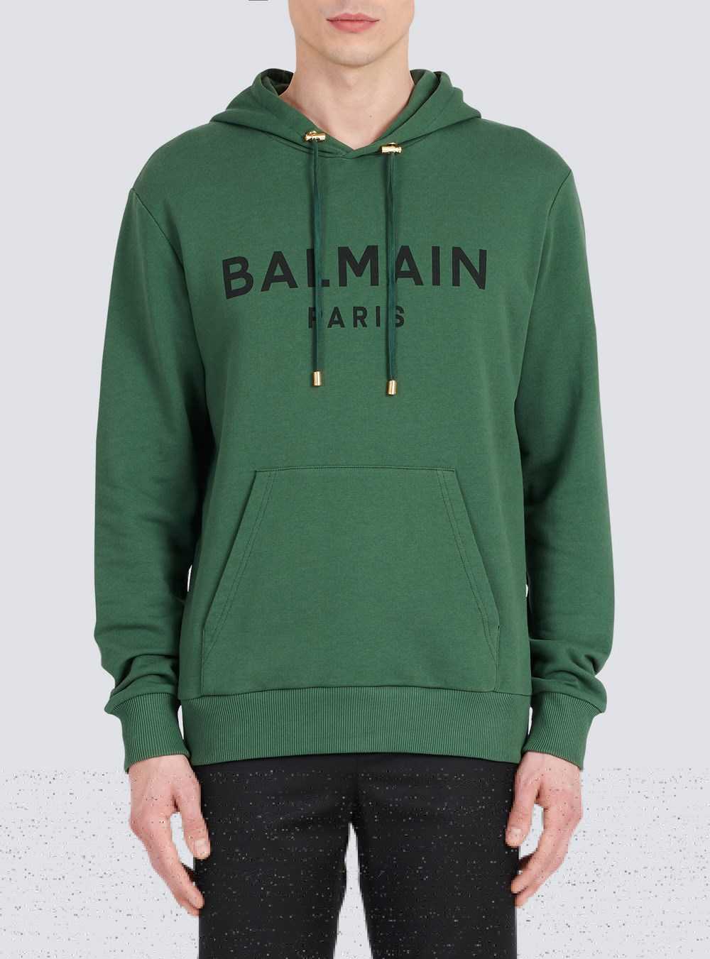 Balmain Hooded Cotton Sweatshirt With Balmain Paris Logo Print Green | DPMLEKJ-19