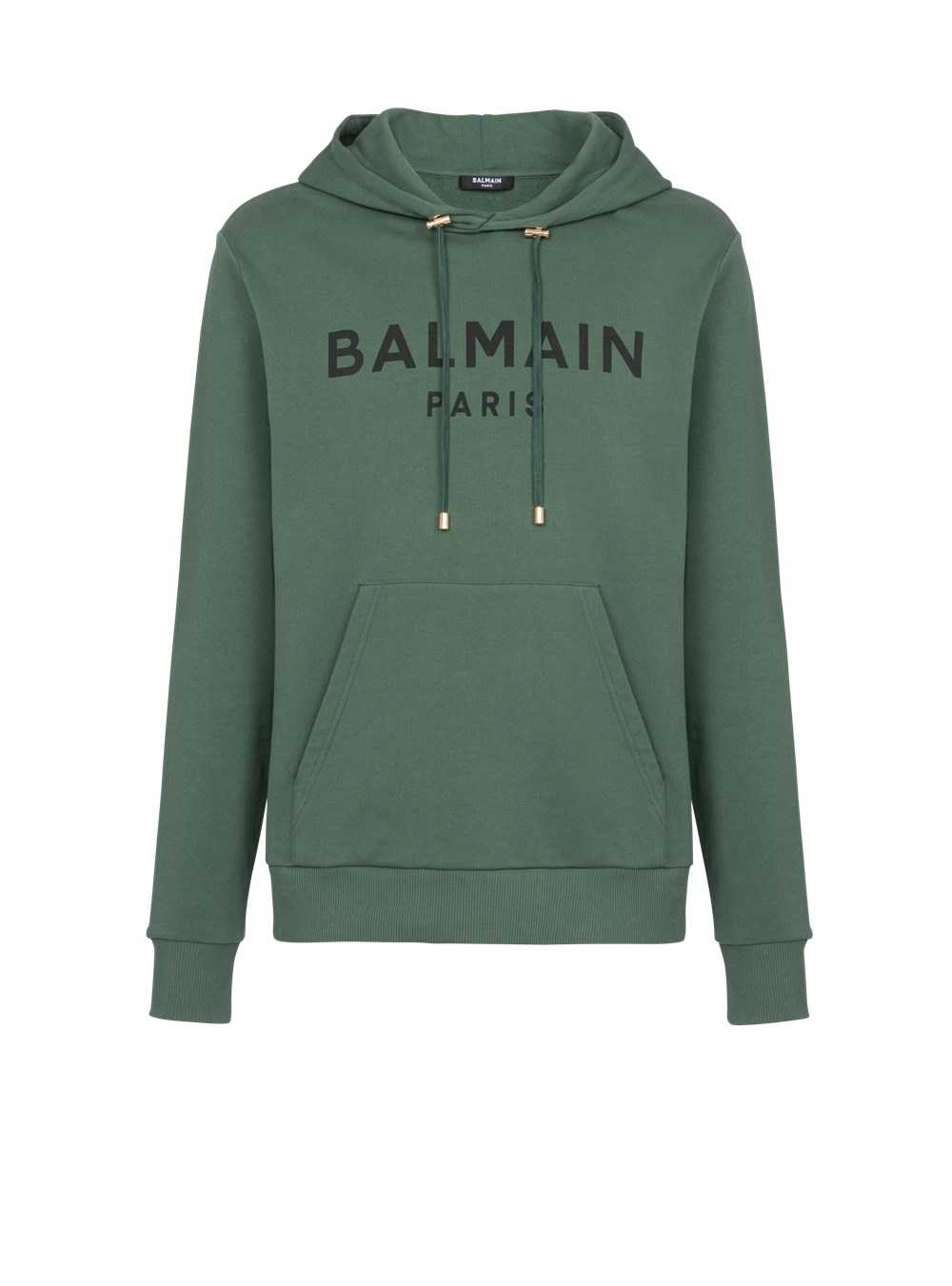 Balmain Hooded Cotton Sweatshirt With Balmain Paris Logo Print Green | DPMLEKJ-19