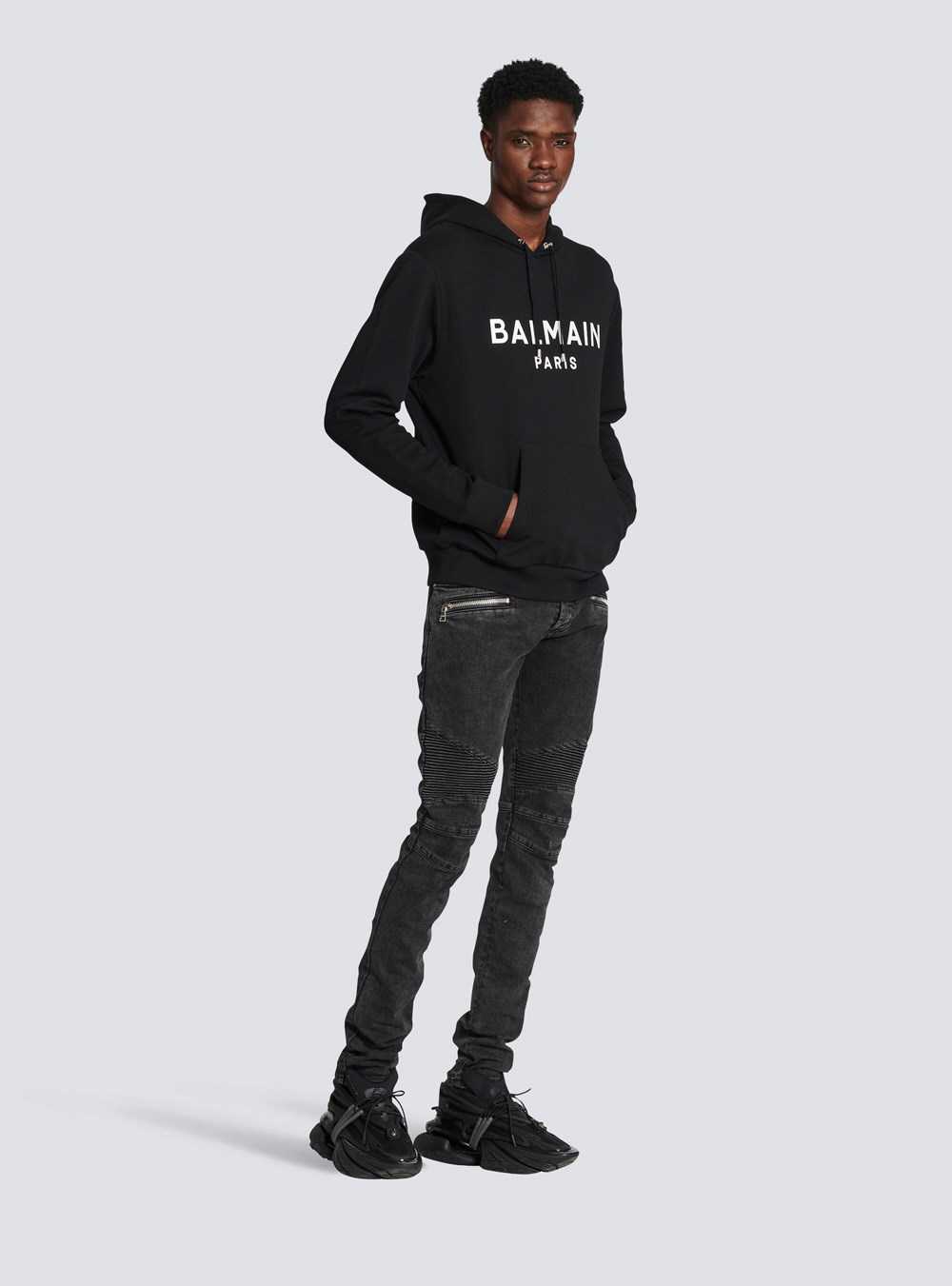 Balmain Hooded Cotton Sweatshirt With Balmain Paris Logo Print Black | JEFYIVQ-73