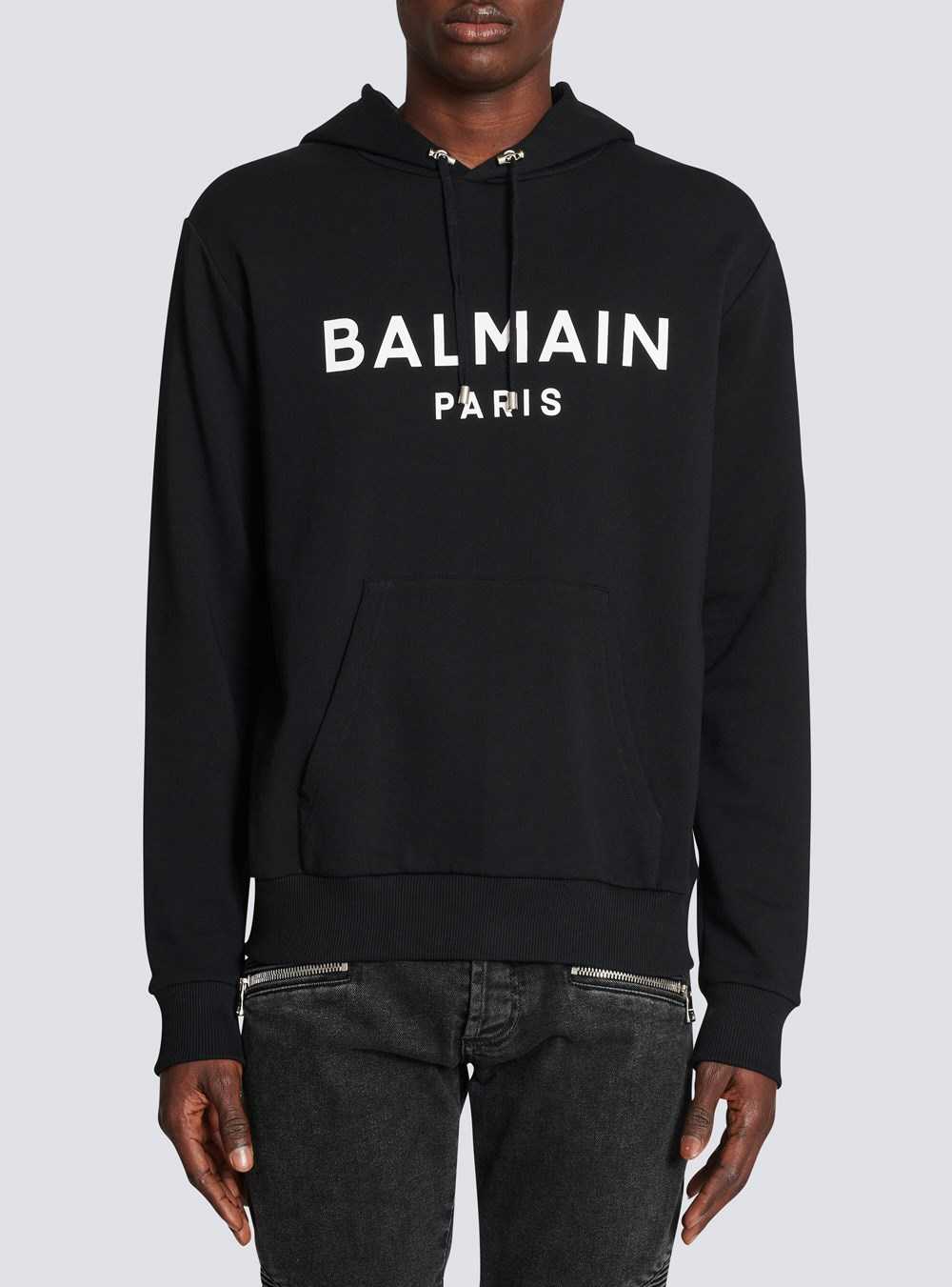 Balmain Hooded Cotton Sweatshirt With Balmain Paris Logo Print Black | JEFYIVQ-73