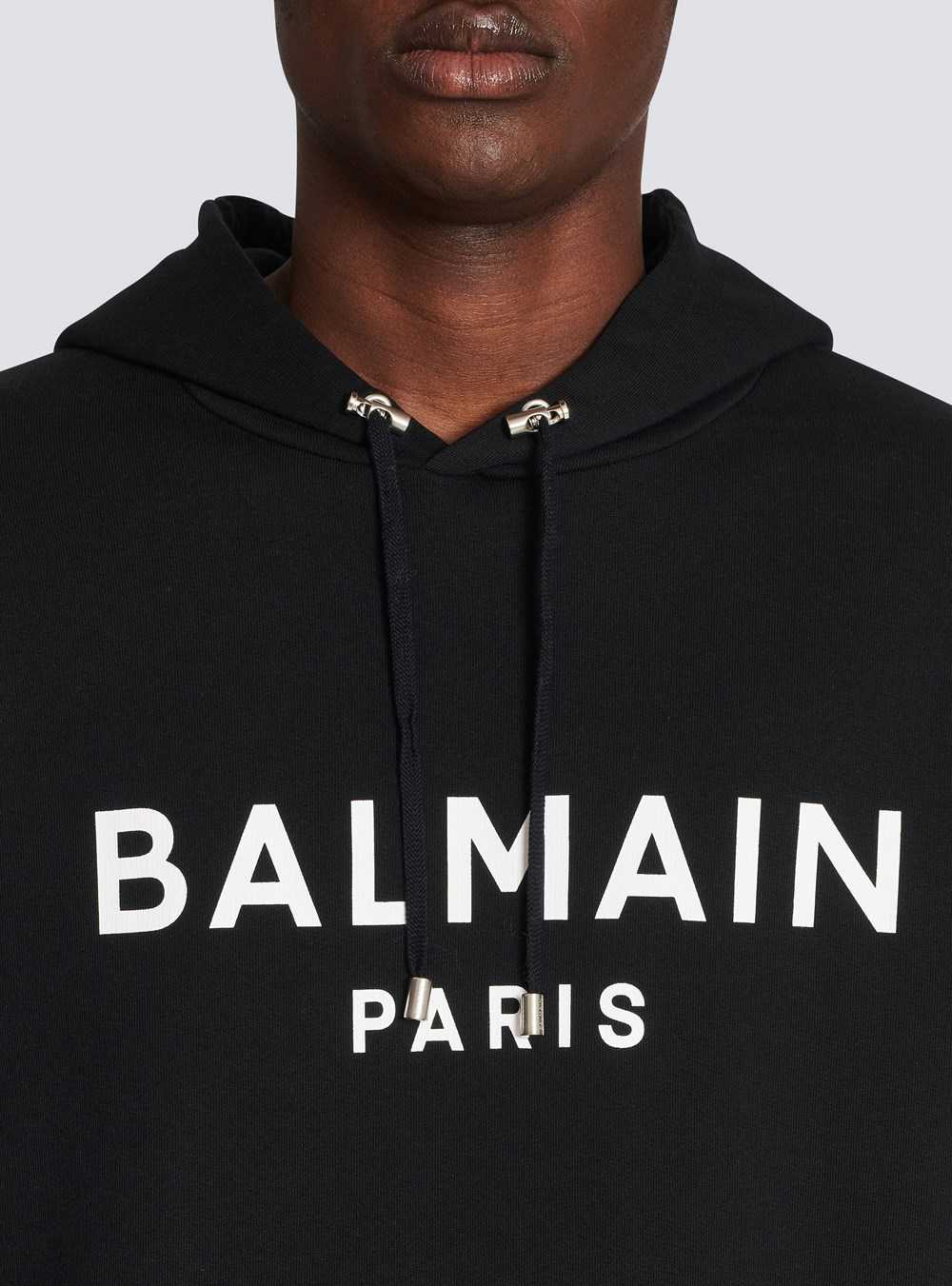 Balmain Hooded Cotton Sweatshirt With Balmain Paris Logo Print Black | JEFYIVQ-73