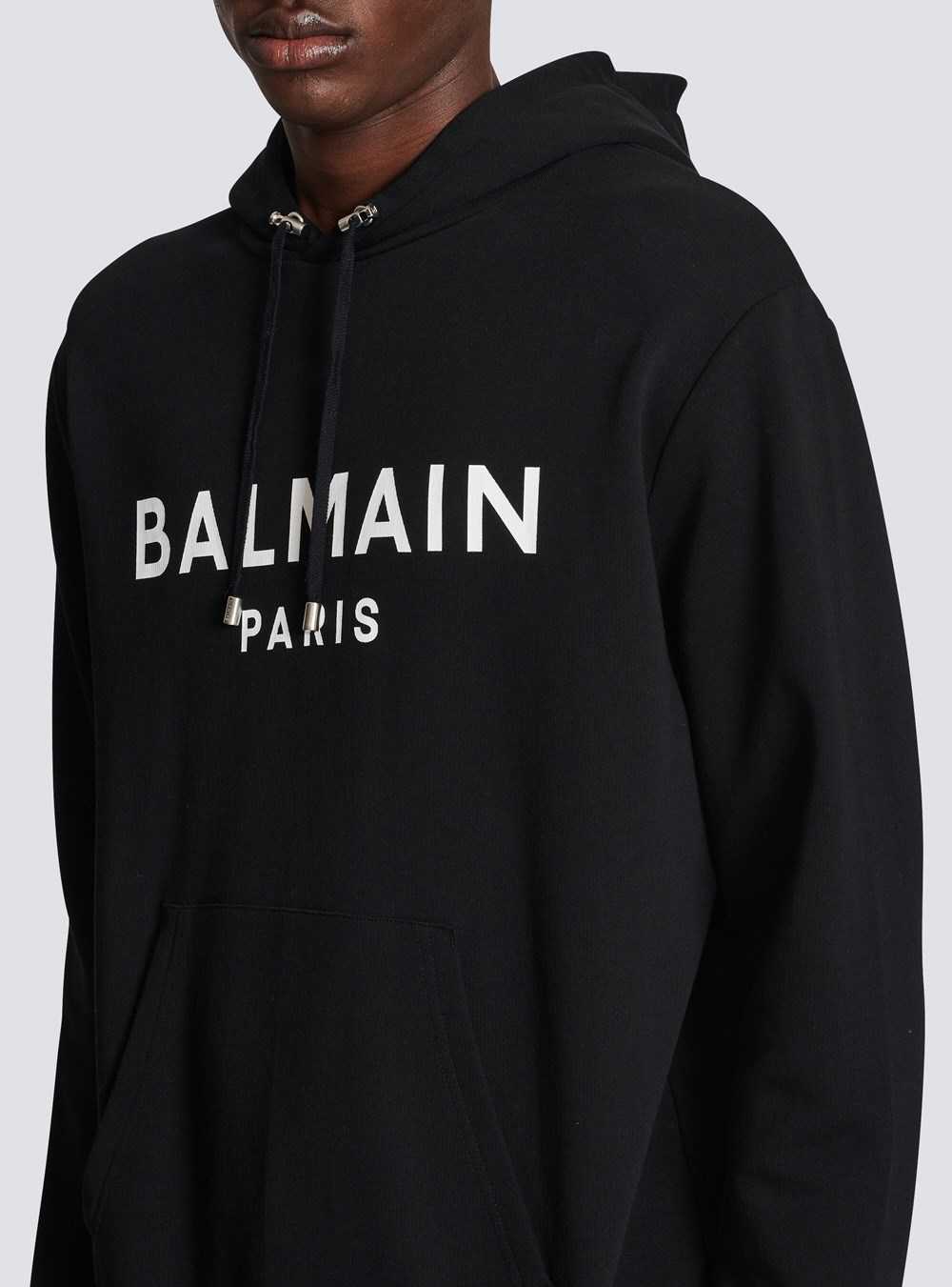 Balmain Hooded Cotton Sweatshirt With Balmain Paris Logo Print Black | JEFYIVQ-73