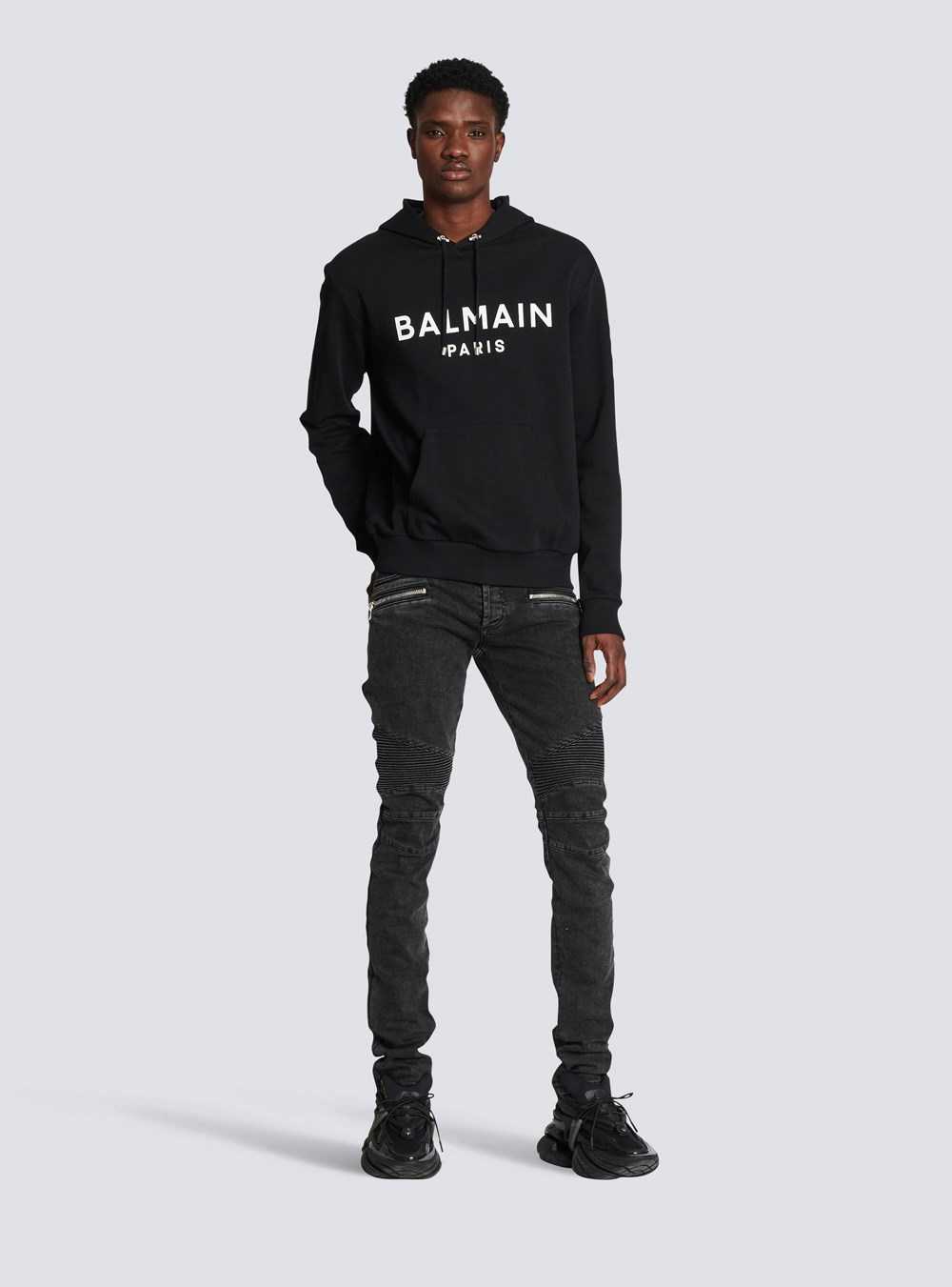 Balmain Hooded Cotton Sweatshirt With Balmain Paris Logo Print Black | JEFYIVQ-73