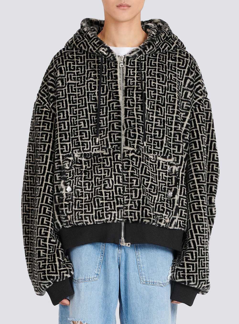 Balmain Hooded Faux Fur Sweatshirt With Balmain Monogram Black | ZECUKXY-61