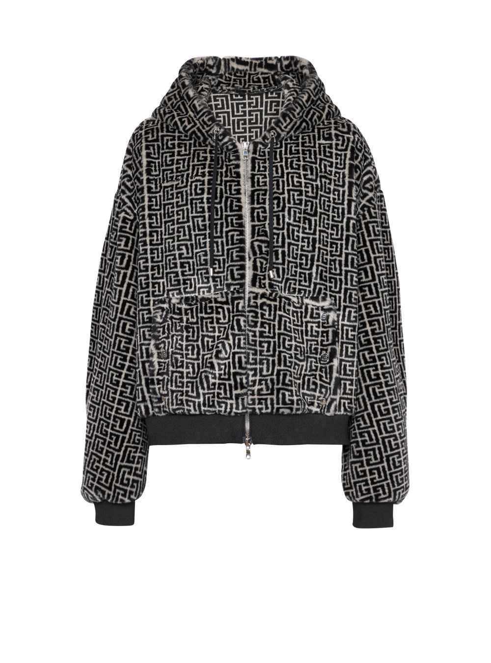 Balmain Hooded Faux Fur Sweatshirt With Balmain Monogram Black | ZECUKXY-61