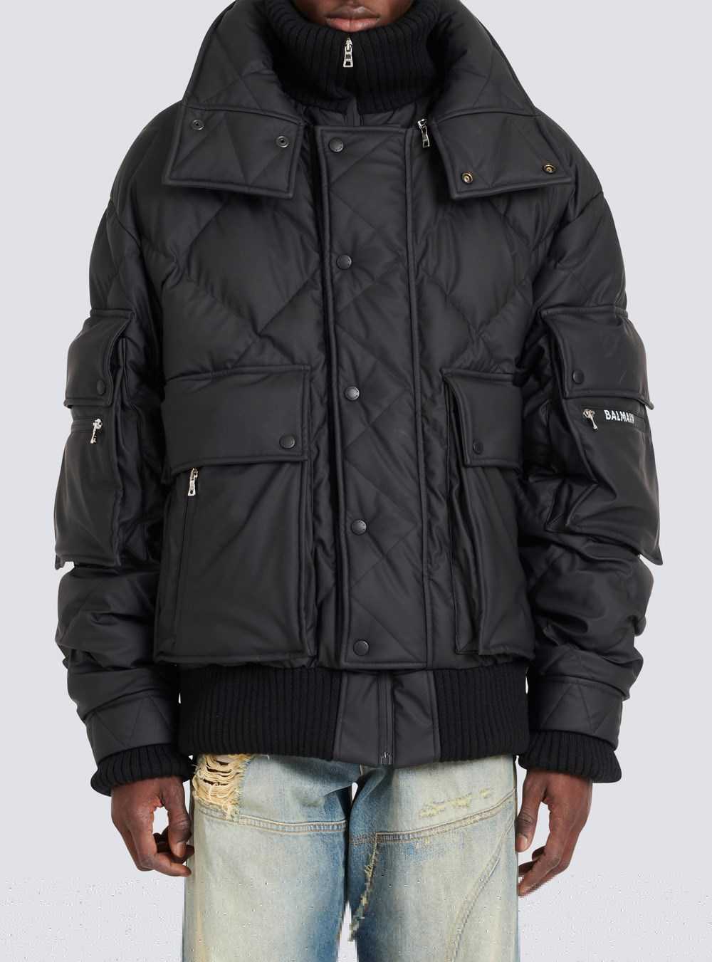 Balmain Hooded Faux Leather Quilted Jacket Black | SUZBQFW-94