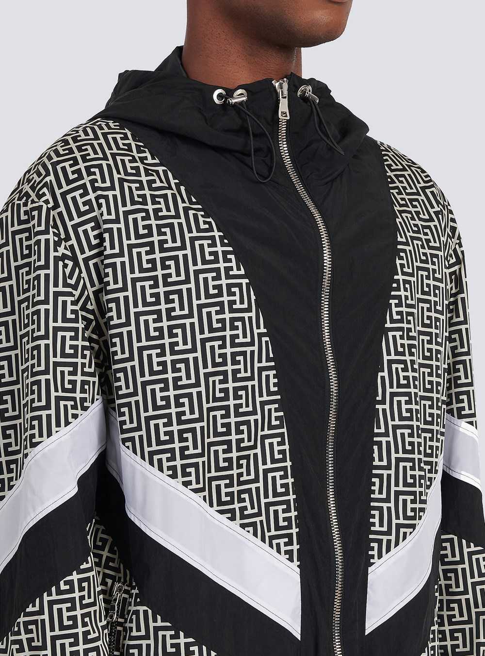 Balmain Hooded Nylon Jacket With Balmain Monogram Black | IKVFCLP-83