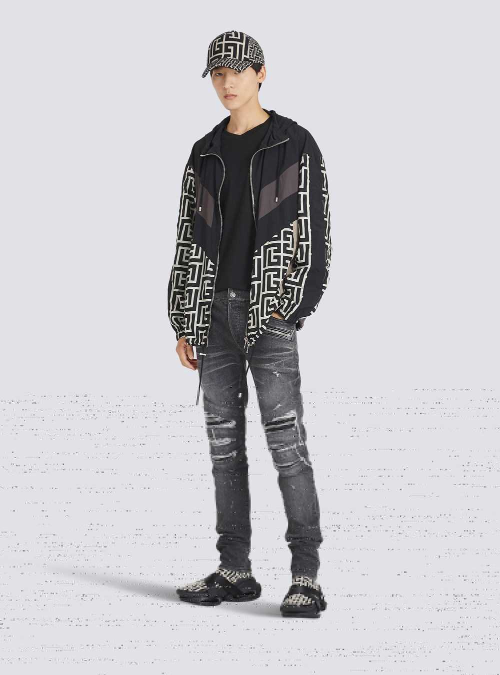 Balmain Hooded Nylon Jacket With Balmain Monogram Black | STFMCAV-52