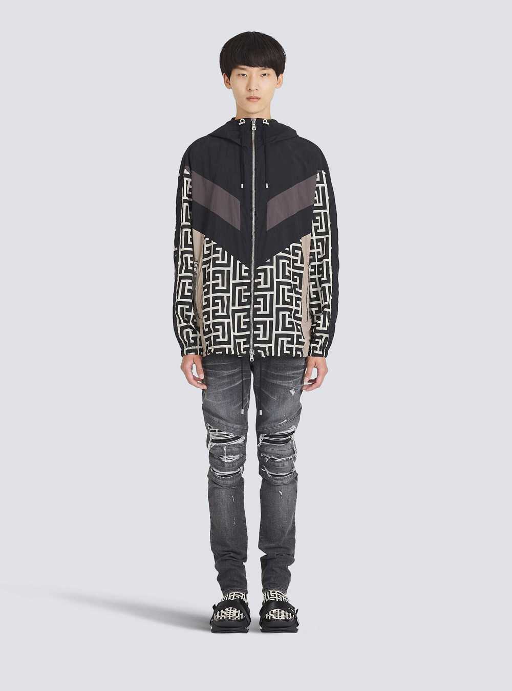 Balmain Hooded Nylon Jacket With Balmain Monogram Black | STFMCAV-52