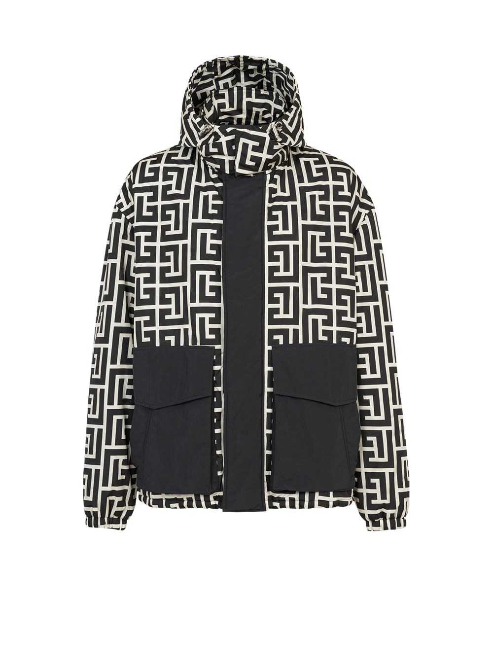 Balmain Hooded Nylon Jacket With Maxi Balmain Monogram Black | LUXAJPF-87