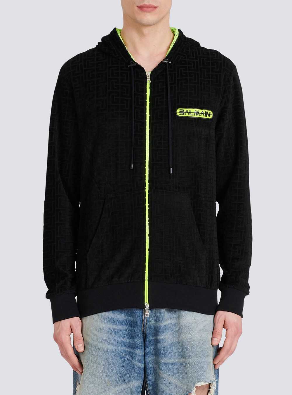 Balmain Hooded Velvet Sweatshirt With Embossed Balmain Monogram Black | JDLREXV-70