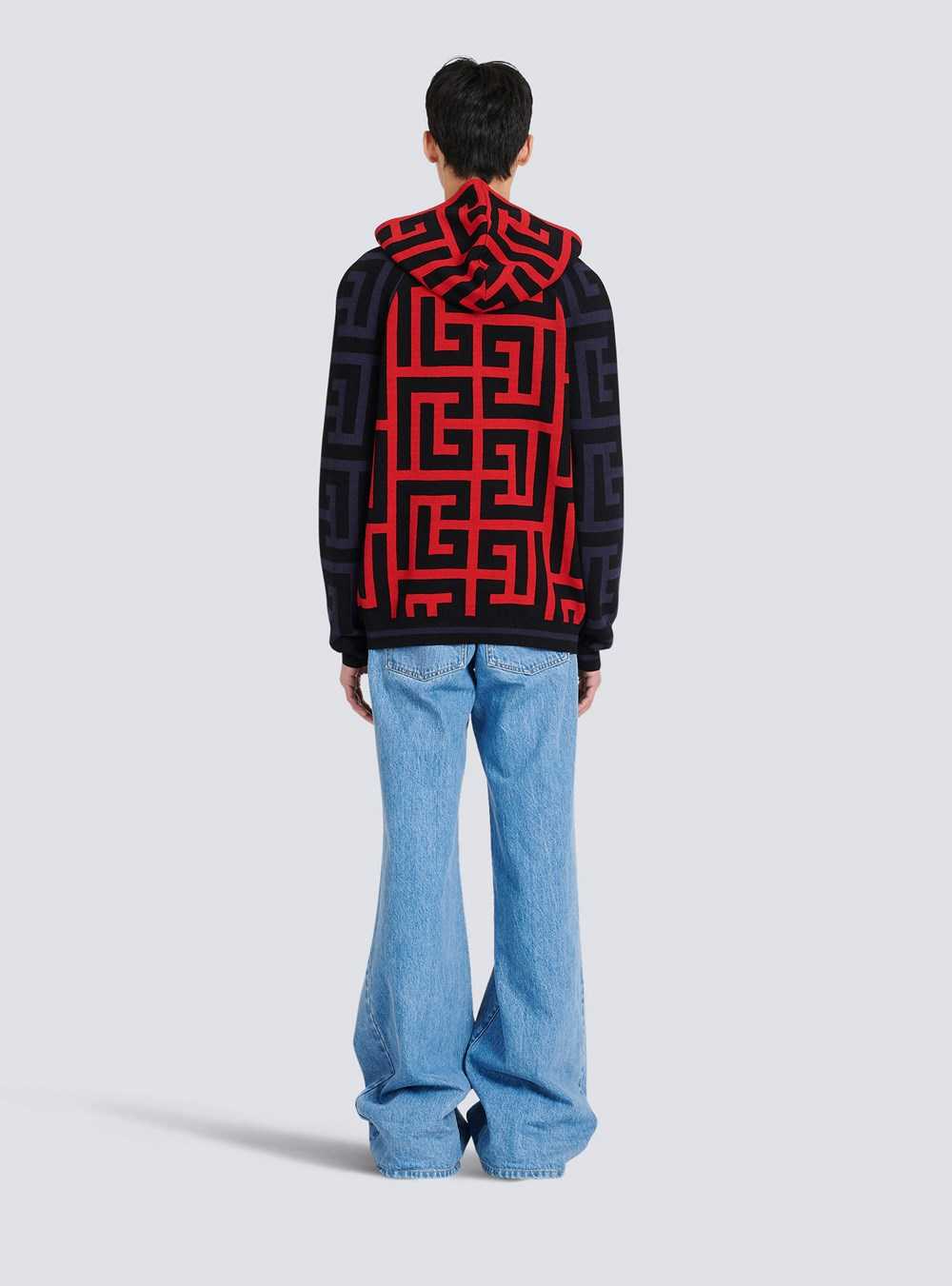 Balmain Hooded Wool Sweatshirt With Maxi Balmain Monogram Print Red | JPEYFUS-40