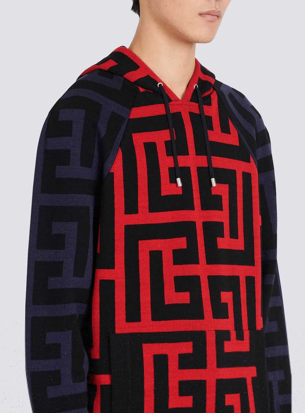 Balmain Hooded Wool Sweatshirt With Maxi Balmain Monogram Print Red | JPEYFUS-40