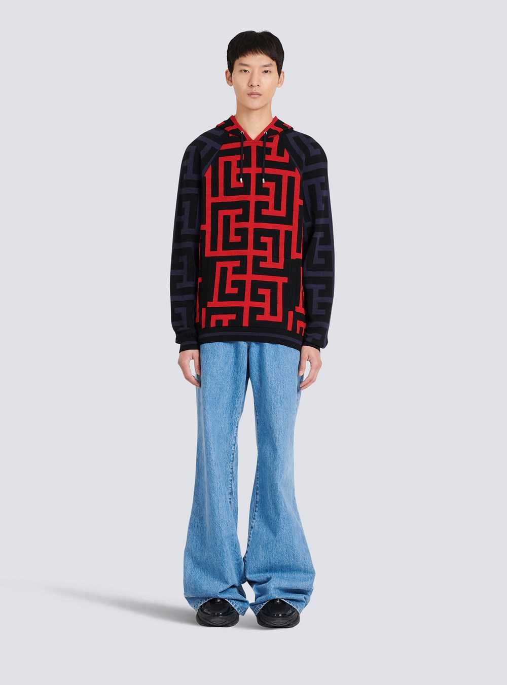 Balmain Hooded Wool Sweatshirt With Maxi Balmain Monogram Print Red | JPEYFUS-40