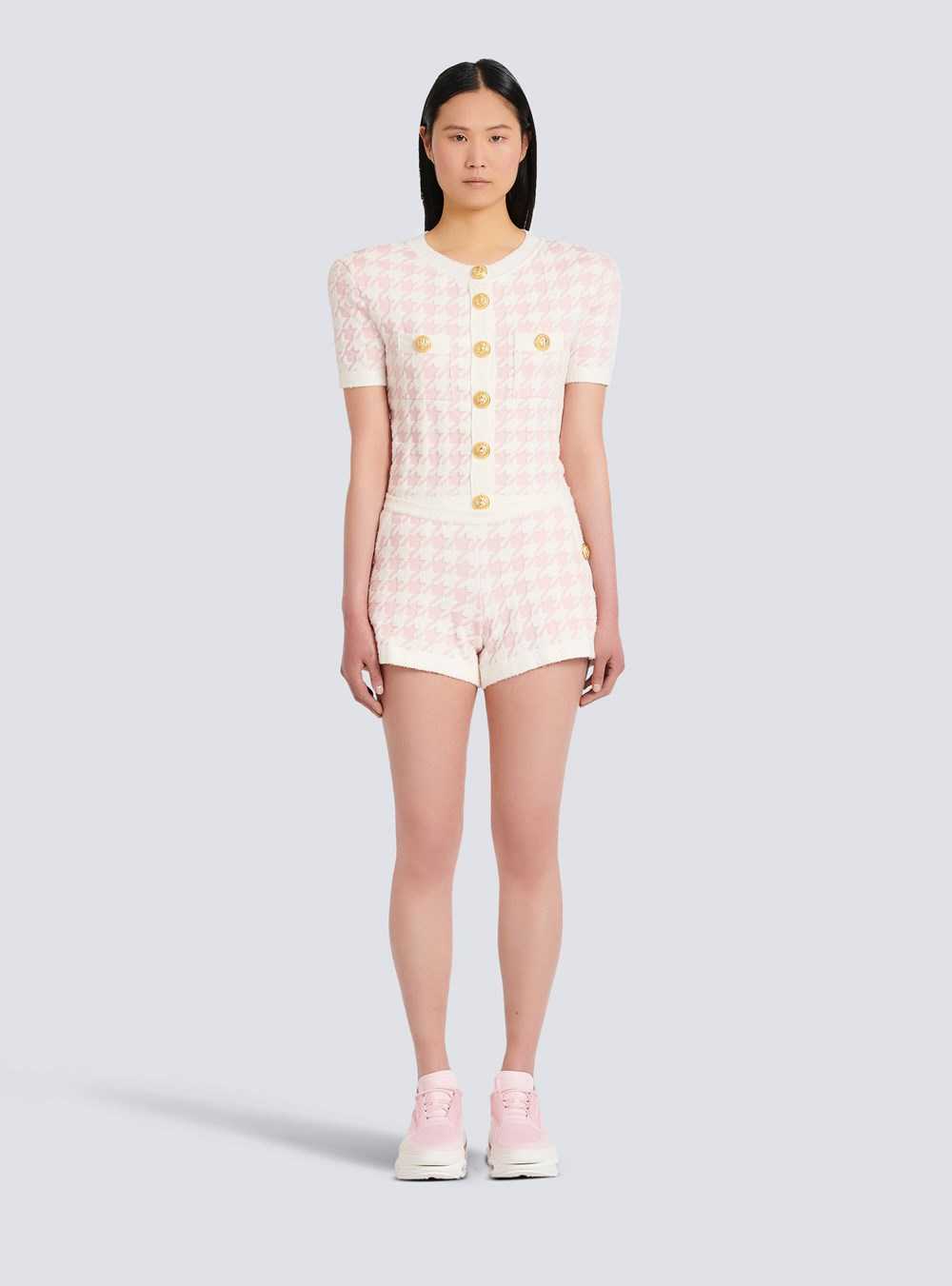 Balmain Houndstooth Print High-waisted Tweed Shorts Pink | YNAEHFK-60