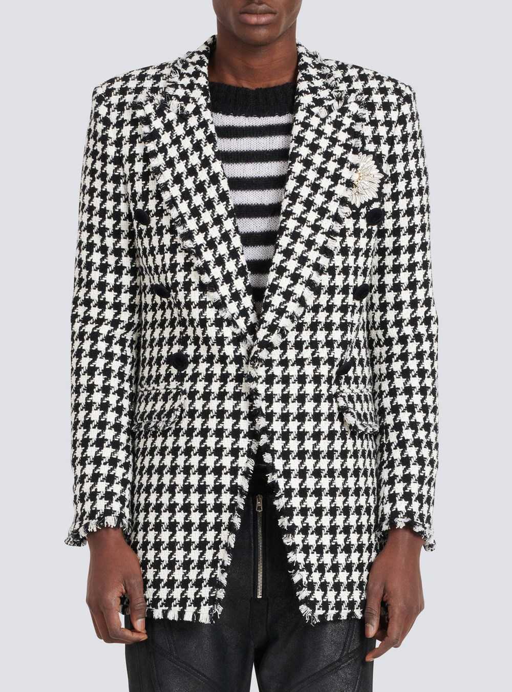 Balmain Houndstooth Print Tweed Blazer With Balmain Badge Black | AWRTQPI-46