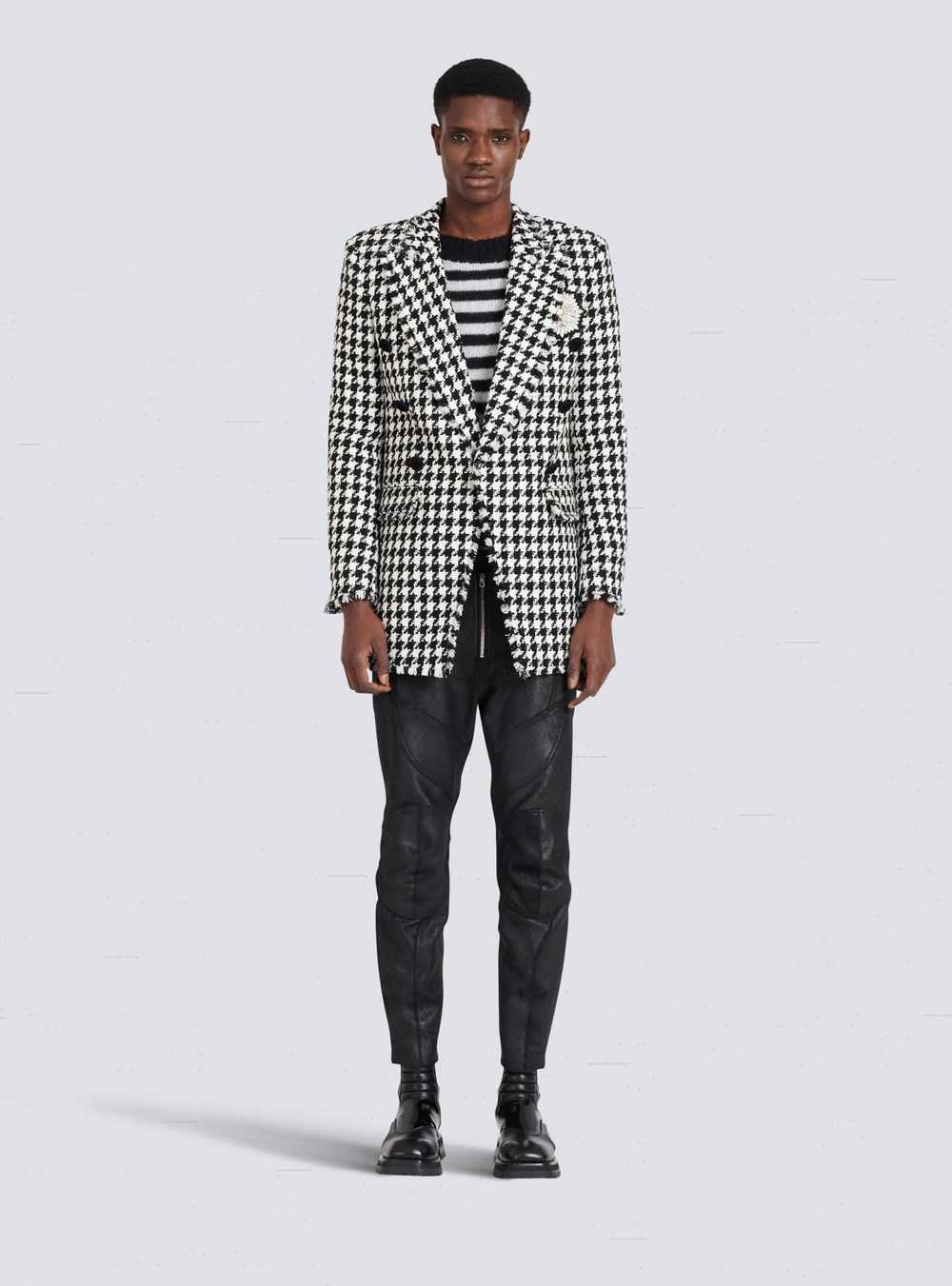 Balmain Houndstooth Print Tweed Blazer With Balmain Badge Black | AWRTQPI-46