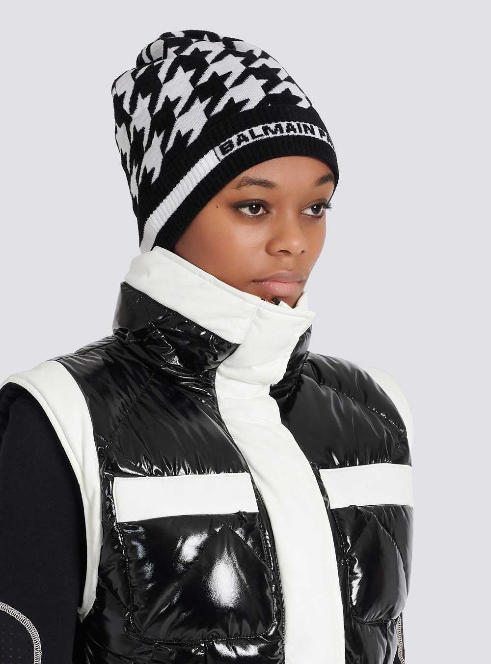 Balmain Houndstooth Print Wool And Velvet Beanie Black | FSXYTHD-39