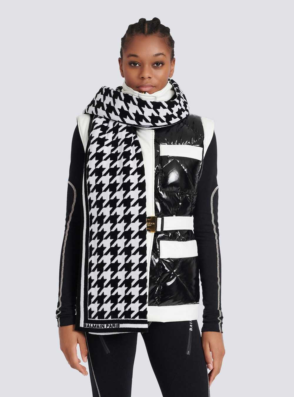 Balmain Houndstooth Print Wool And Velvet Scarf Black | VSPINML-16