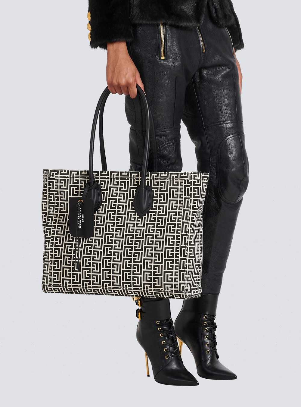 Balmain Ivory And Black Monogram Canvas B-army 42 Tote Black | WGKXVRU-93