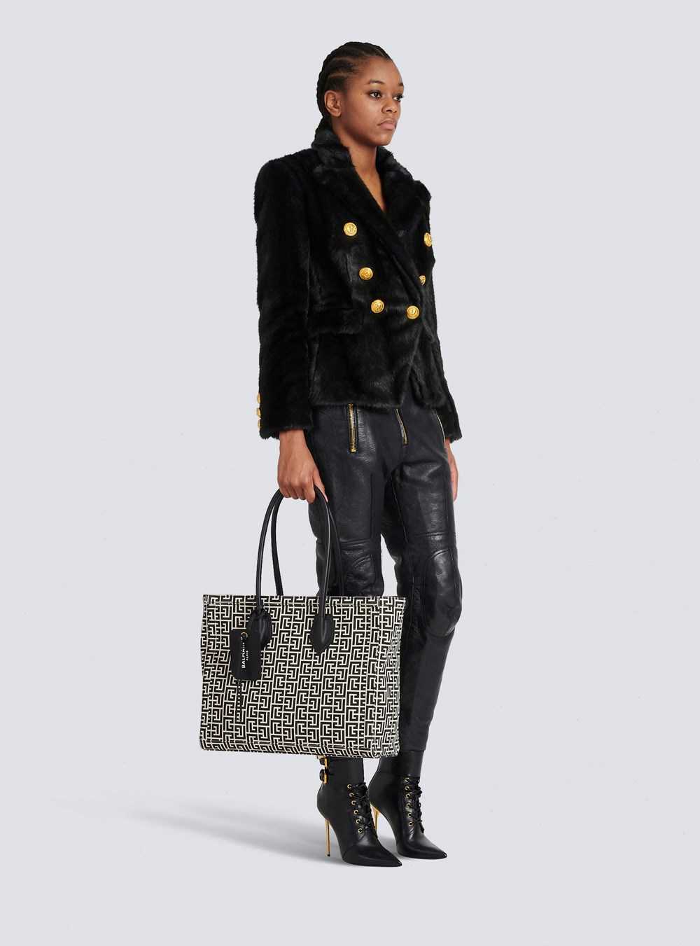 Balmain Ivory And Black Monogram Canvas B-army 42 Tote Black | WGKXVRU-93