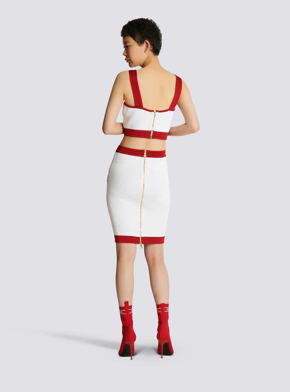 Balmain Knit Crop Top With Gold-tone Buttons Red | OHBXFKD-32