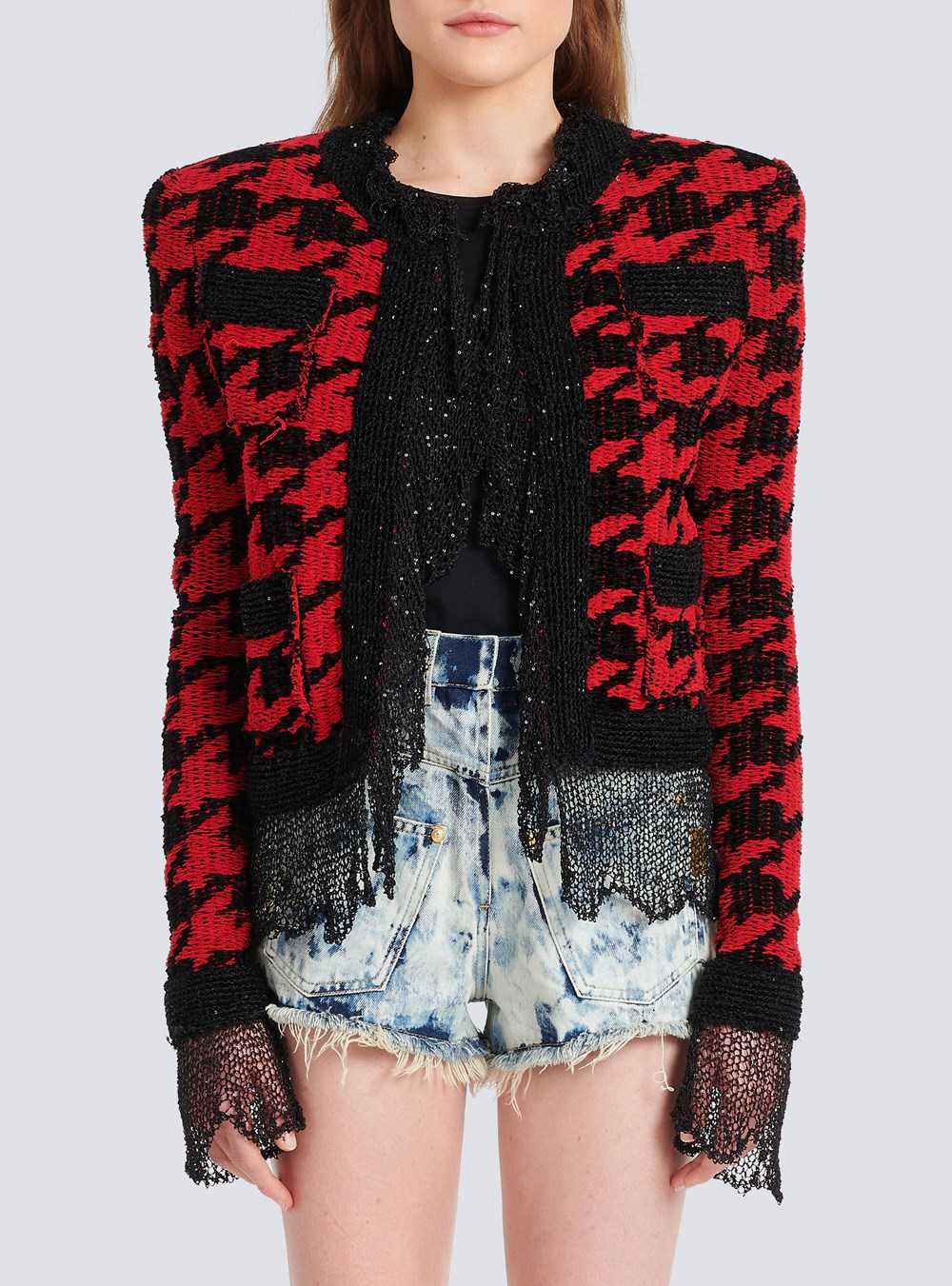 Balmain Knit Destroyed Jacket Red | WIFJHSX-97