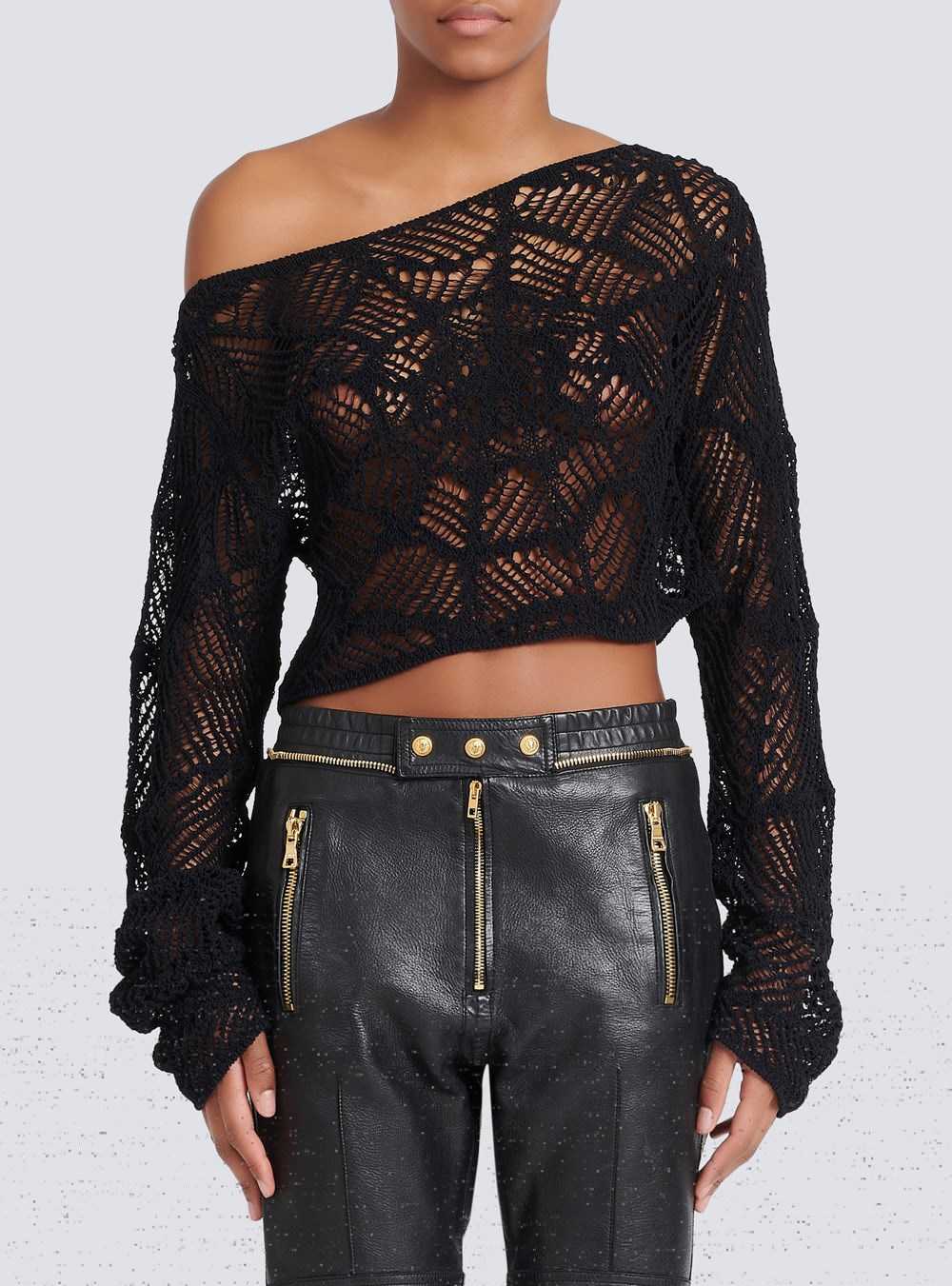 Balmain Knit Off-the-shoulder Crop Top Black | FGLUVTH-16