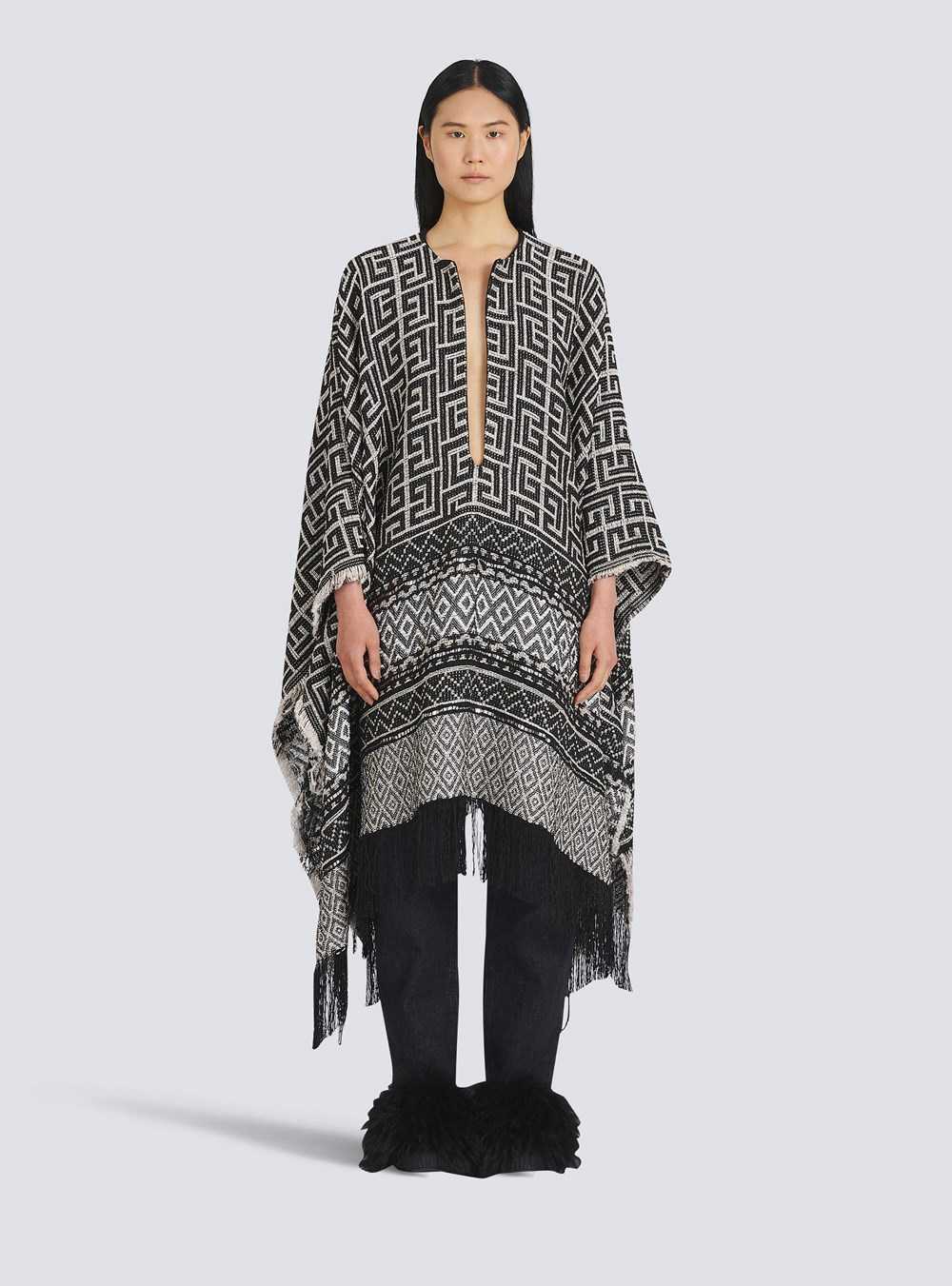 Balmain Knit Poncho With Balmain Monogram Print Black | EMLRUJW-68