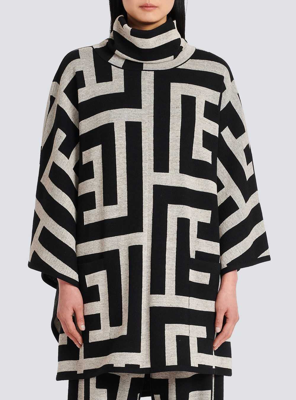 Balmain Knit Poncho With Maxi Balmain Monogram Print Black | AVWGFKS-63