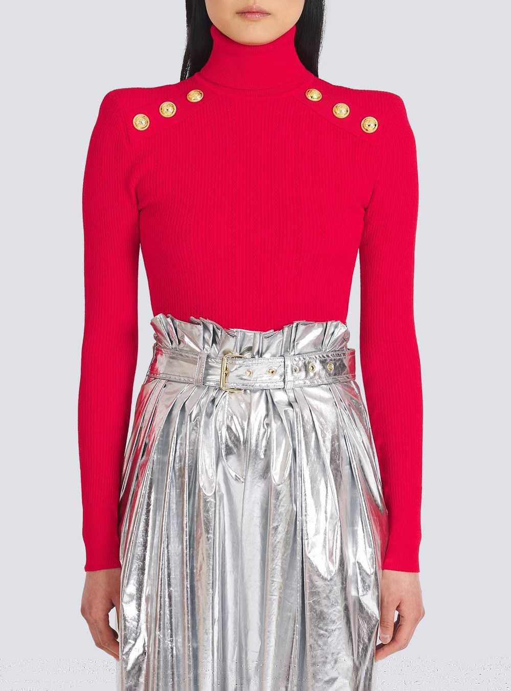 Balmain Knit Sweater With Gold-tone Buttons Red | FBMCLHA-17