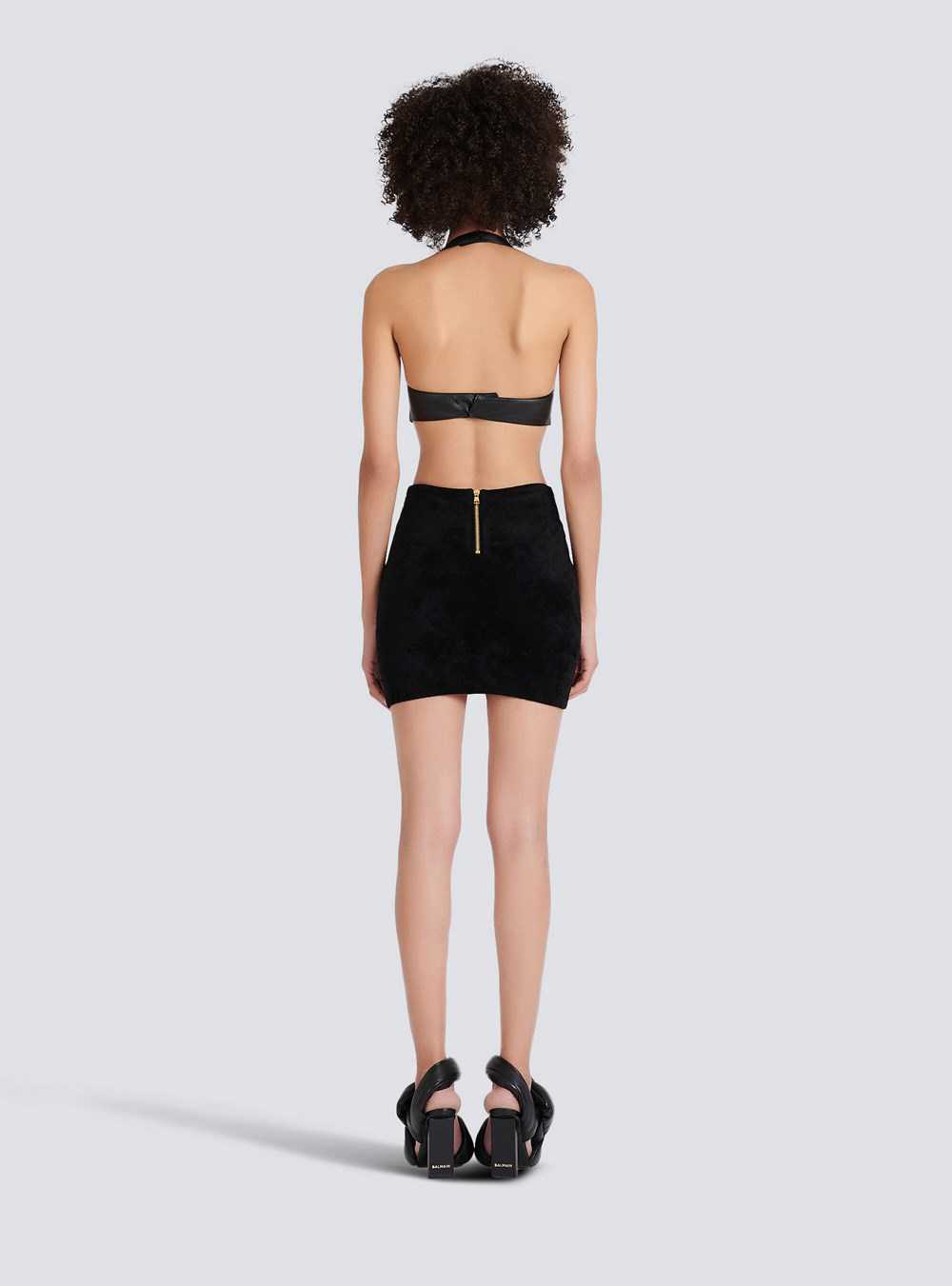 Balmain Leather Crop Top With Open Back Black | QKRTDCJ-51