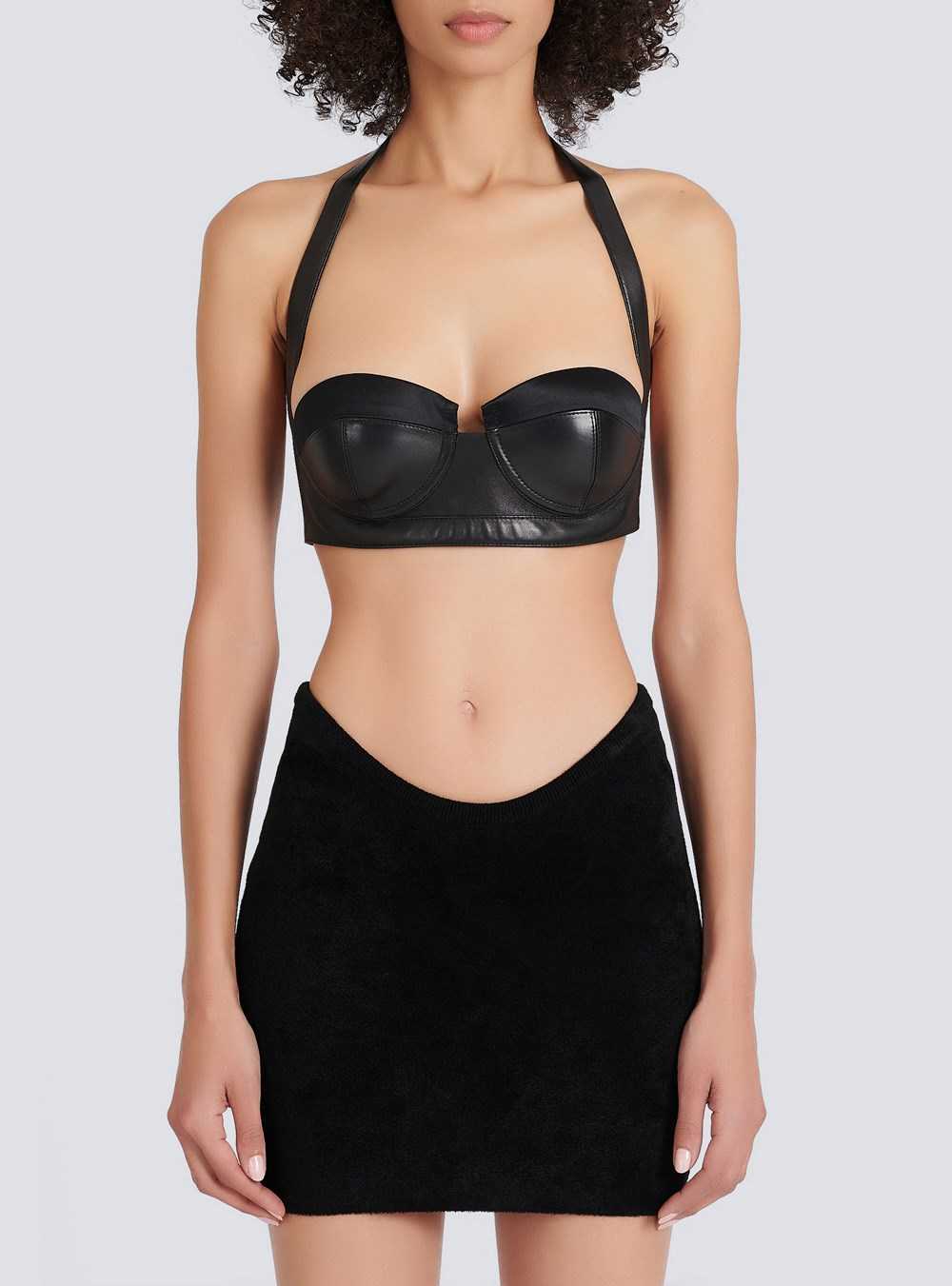 Balmain Leather Crop Top With Open Back Black | QKRTDCJ-51